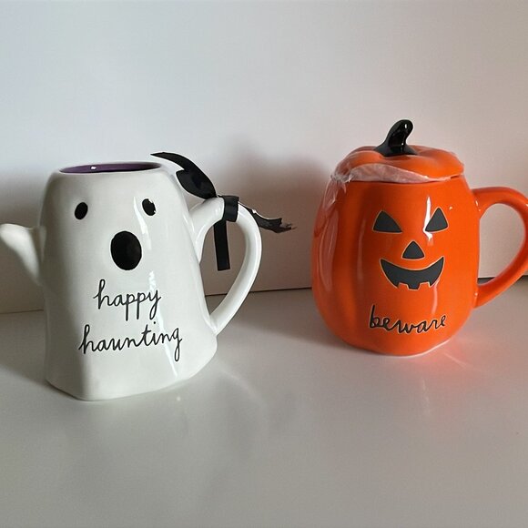 Rae Dunn Halloween Mug Set Ghost Happy Haunting Pumpkin Beware With Topper BNWB - Picture 1 of 16